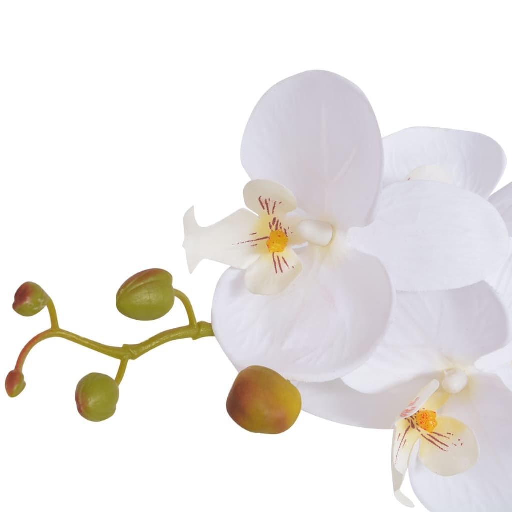 White artificial orchid plant decor with realistic petals and green buds by FauxMart.com