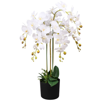 White artificial orchid plant decor in black pot with green leaves for indoor decoration