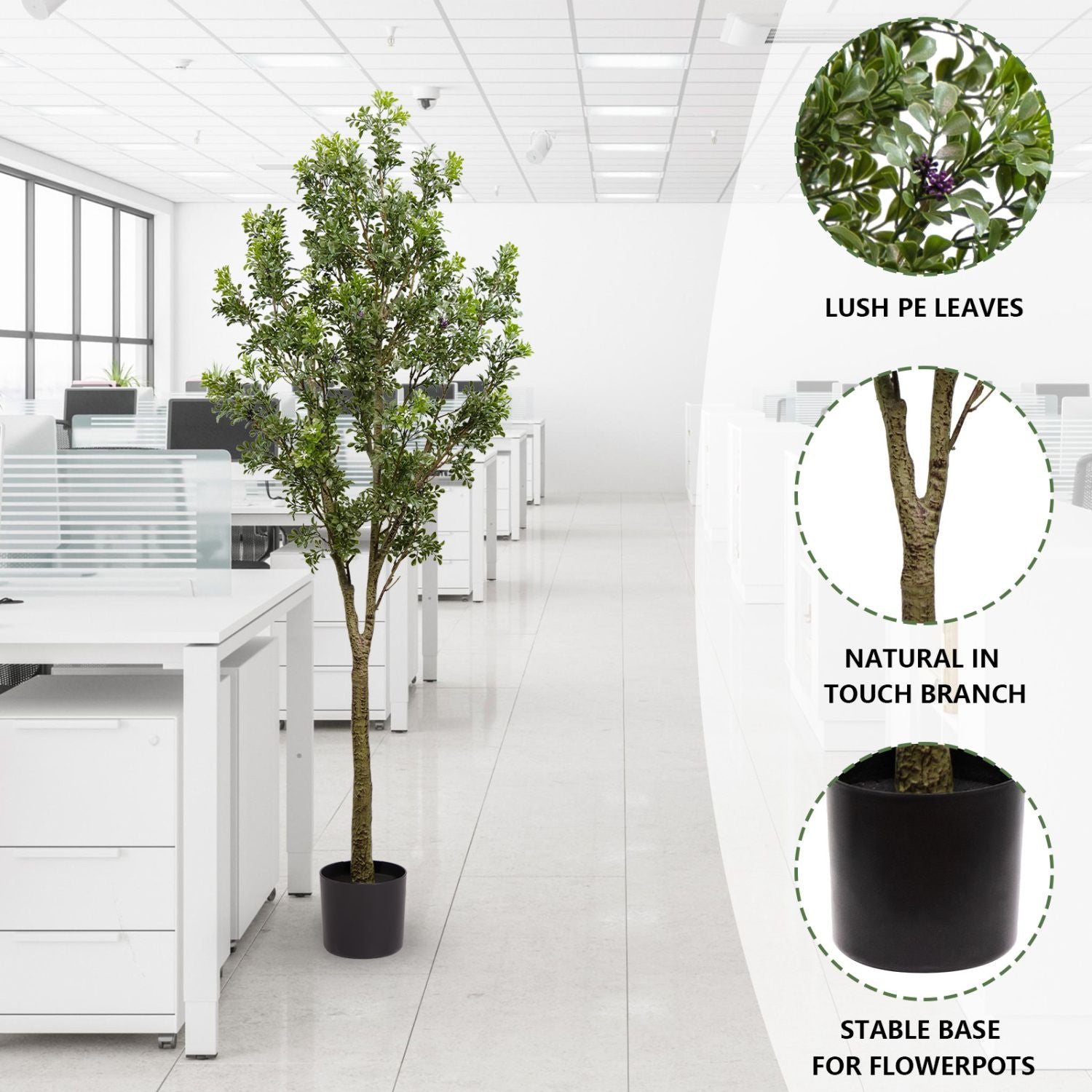 Artificial outdoor garden branches in a modern office setting, featuring lush PE leaves and a stable base