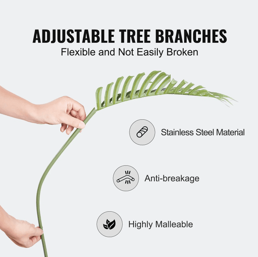 Adjustable branches of a 4 foot artificial palm tree made from flexible stainless steel material