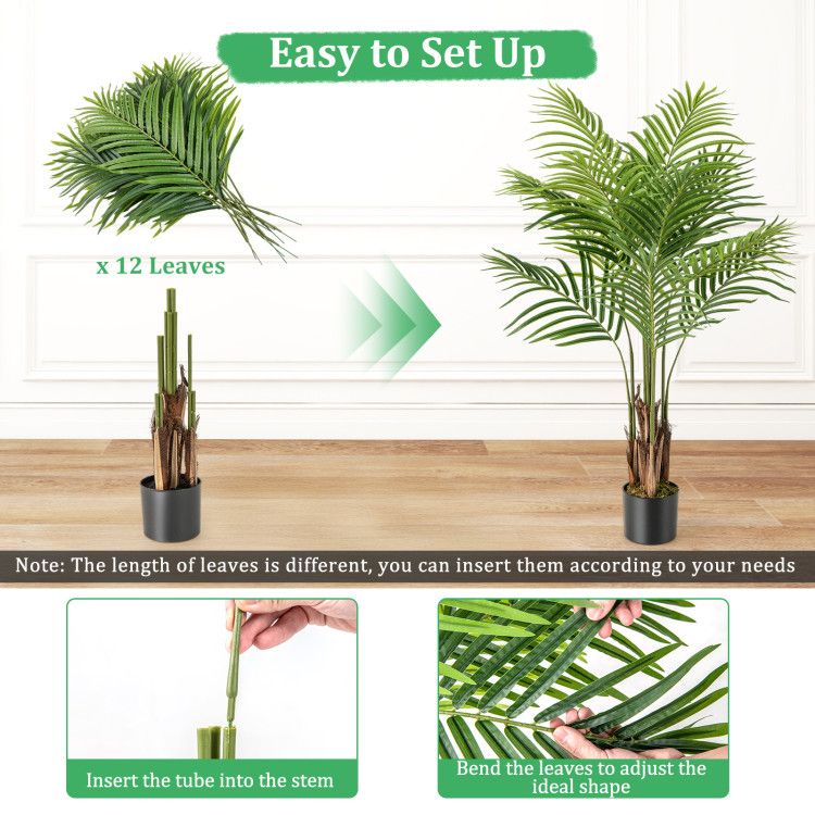 Easy to set up artificial palm trees for home decor with 12 green leaves and adjustable stems in a black pot