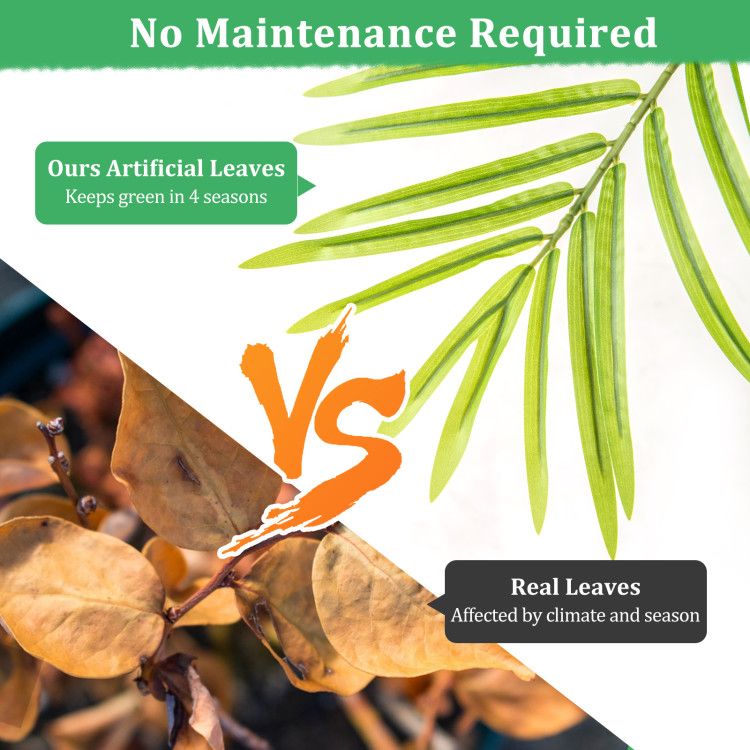 Comparison of green artificial palm tree leaves versus brown real leaves for artificial palm trees for home decor