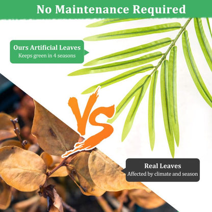 Comparison of green artificial palm tree leaves versus brown real leaves for artificial palm trees for home decor