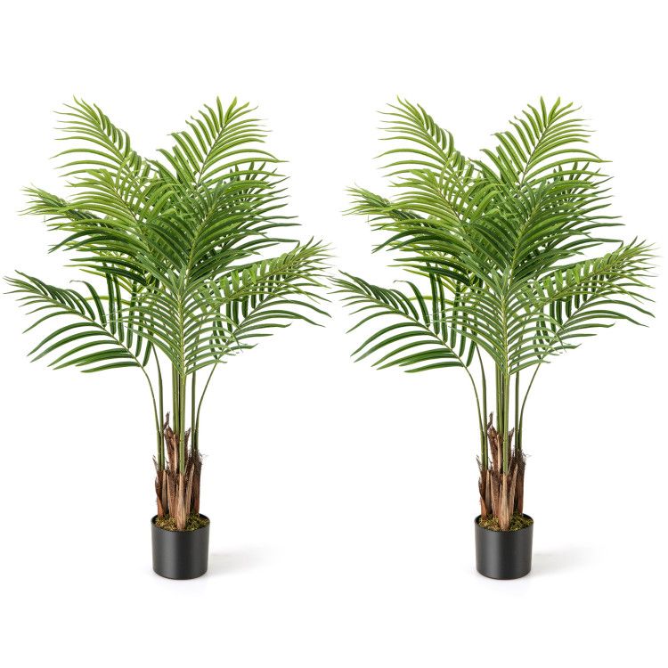 Pair of artificial palm trees for home decor in black pots with lush green leaves from FauxMart.com