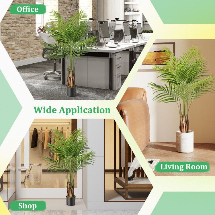 Artificial palm trees for home decor displayed in office, living room, and shop settings by FauxMart.com