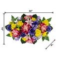 Artificial peony cemetery arrangement with pink and yellow flowers measuring 30 by 14 inches