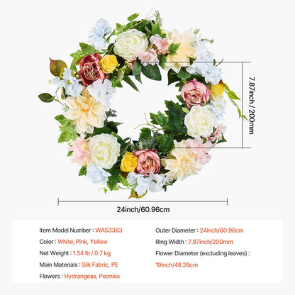 Artificial peony hydrangea wreath with white pink yellow flowers and green leaves 24 inch diameter