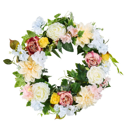 Artificial peony hydrangea wreath with mixed pastel flowers and green leaves decorative FauxMart.com