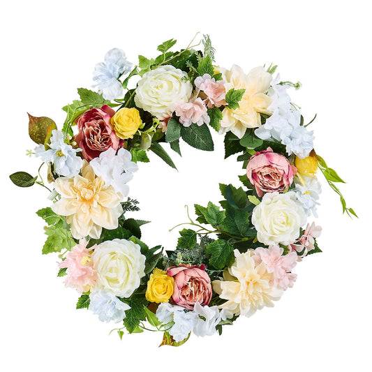 Artificial peony hydrangea wreath with mixed pastel flowers and green leaves decorative FauxMart.com