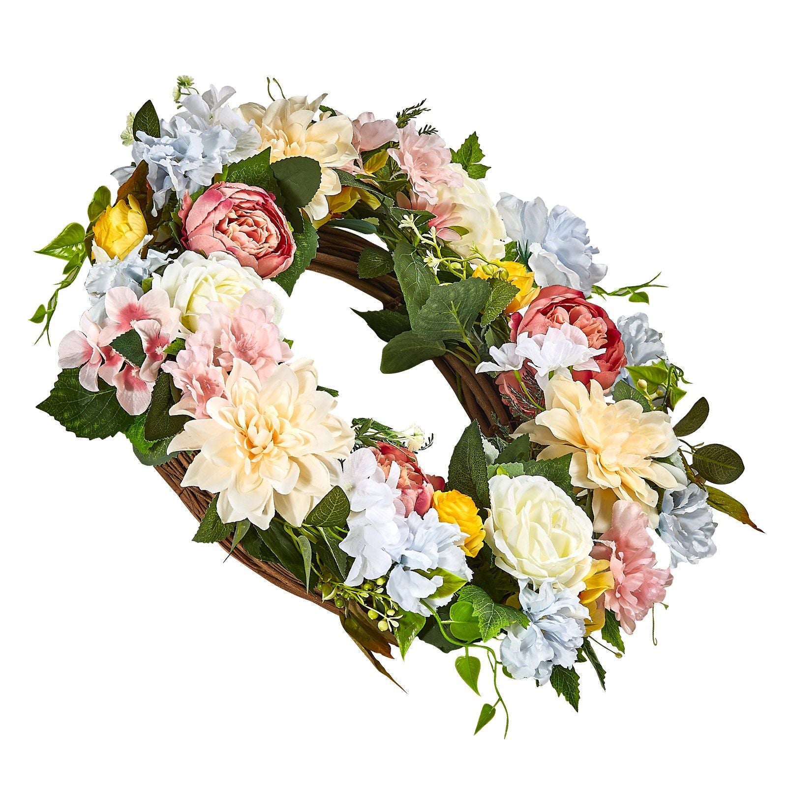 Colorful artificial peony hydrangea wreath with green leaves and mixed pastel flowers