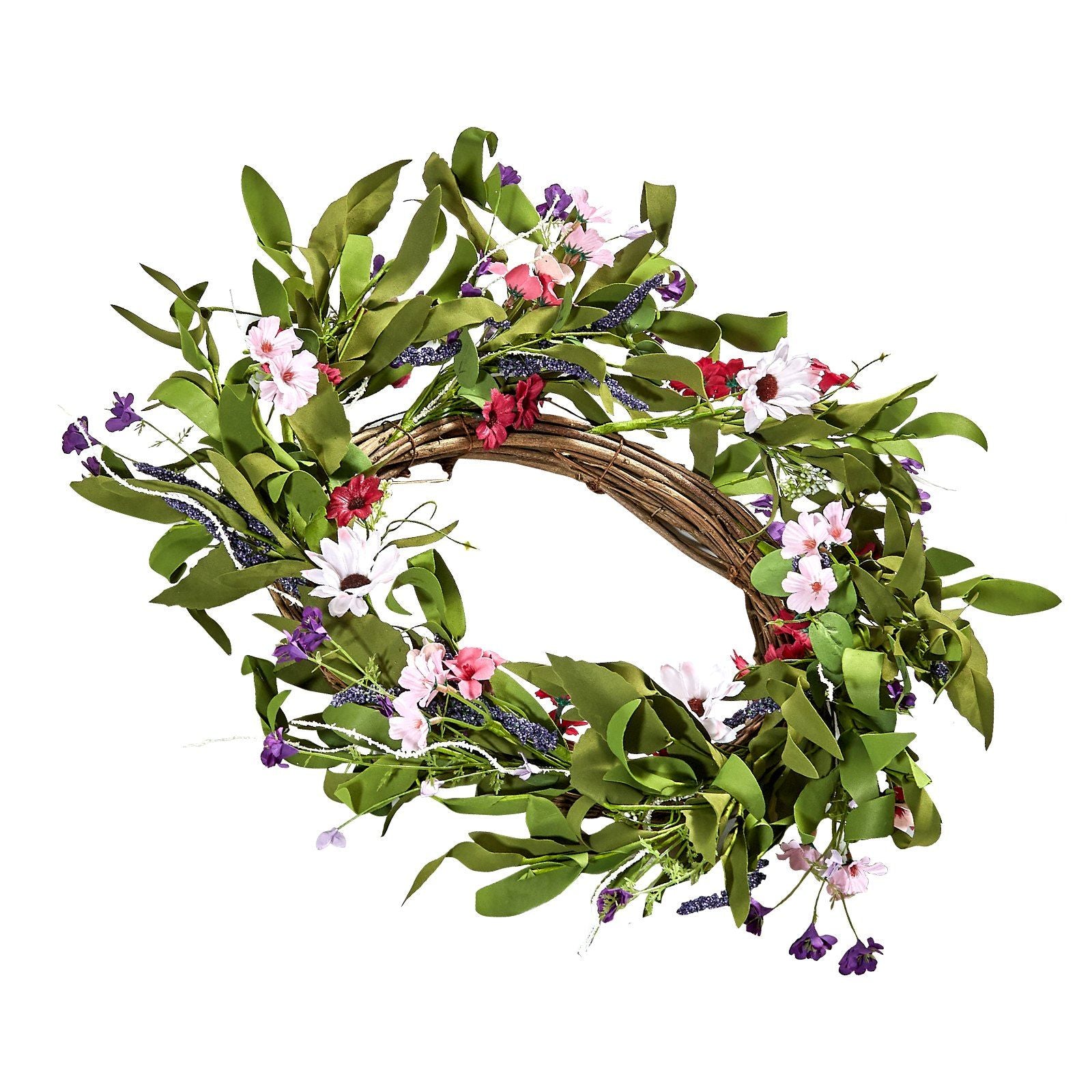 Artificial pink daisy wreath with green leaves and purple floral accents from FauxMart.com