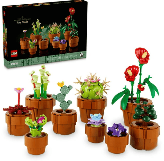 LEGO Icons Tiny Plants Building Kit featuring colorful artificial plants in terracotta pots