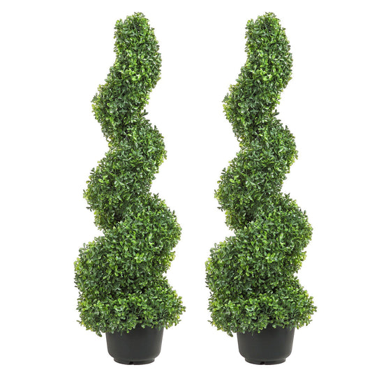 Set of two artificial spiral topiary plants in black pots for stylish indoor or outdoor decor