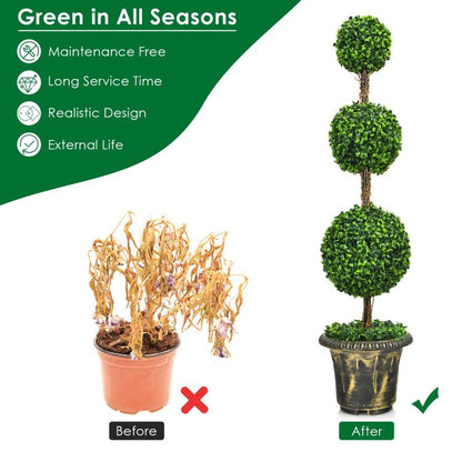 Before and after image of an artificial topiary tree showcasing its realistic design and maintenance-free features
