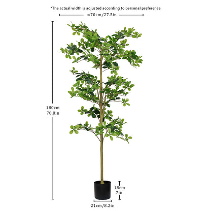 Realistic artificial tung tree plant standing 70.8 inches tall with lush green leaves in a black pot