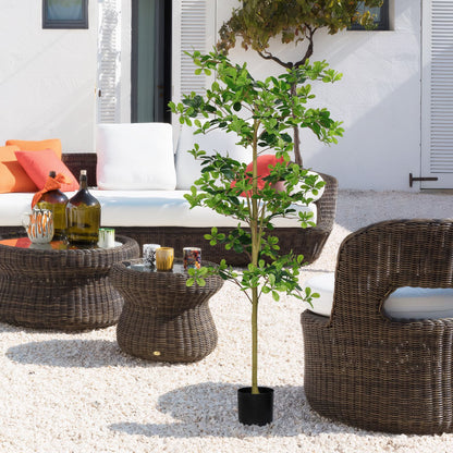 Artificial tung tree plant in a stylish outdoor setting beside woven furniture