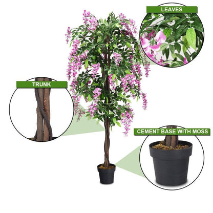 Artificial wisteria tree with detailed leaves and realistic trunk in a decorative pot for home decor