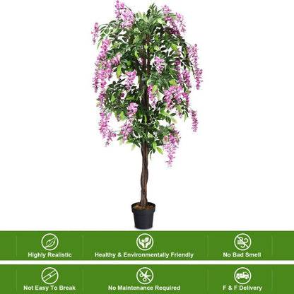 Lifelike artificial wisteria tree with vibrant purple flowers, perfect for home decor and requiring no maintenance
