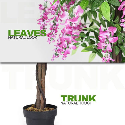 Artificial wisteria tree with pink flowers and natural look leaves for home decor enhancement