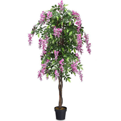 Artificial wisteria tree in a decorative pot with vibrant pink flowers and lush green leaves