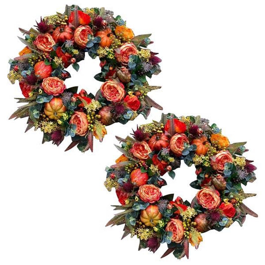 Set of two artificial flower door wreaths with vibrant orange and red flowers and green foliage
