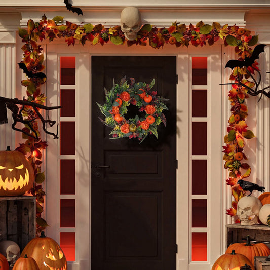 Vibrant autumn wreath decoration adorned with colorful leaves and flowers for a festive look