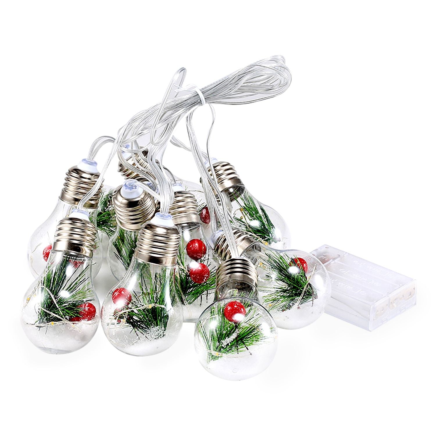 Battery powered Christmas string lights with clear bulbs containing green pine and red berries decoration