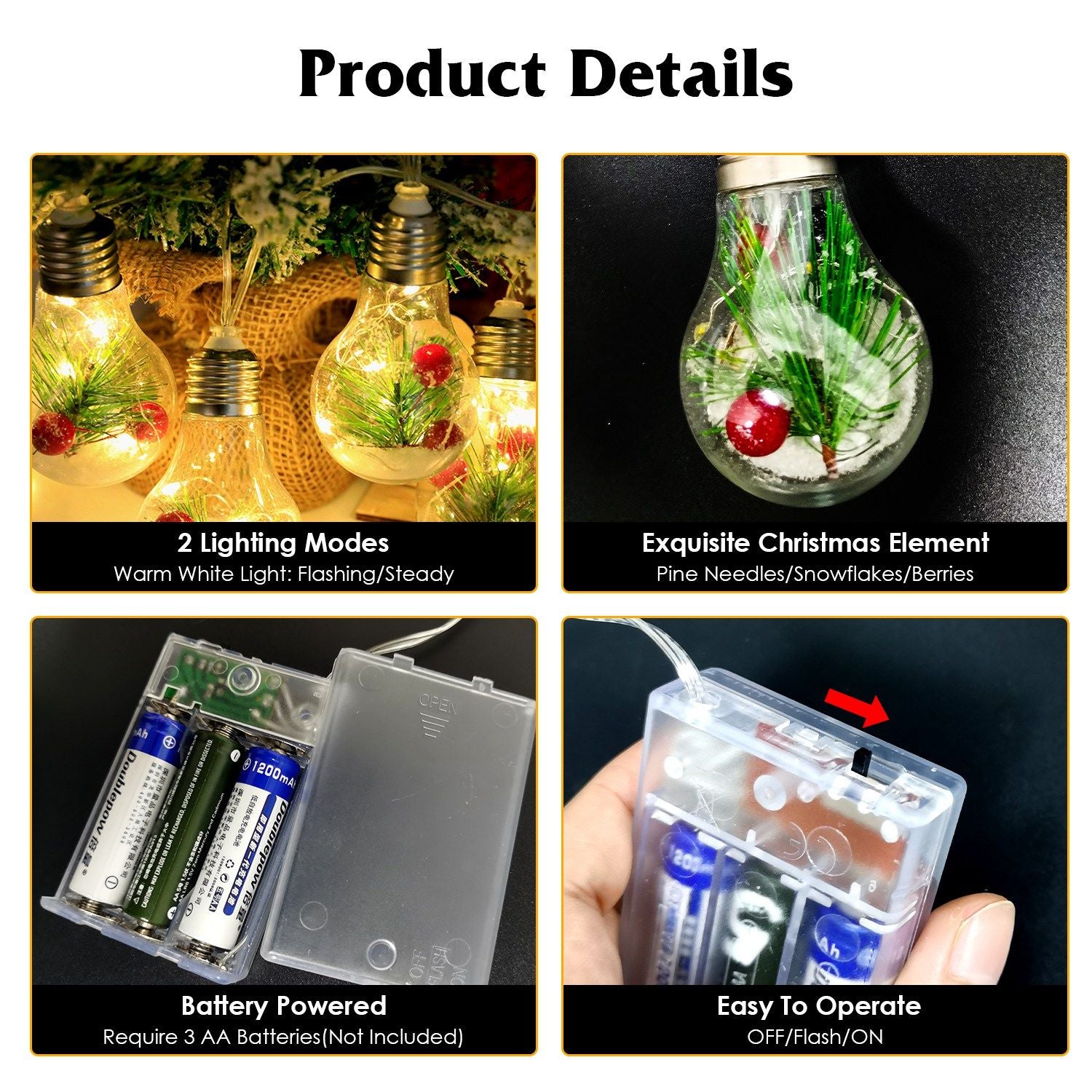 Battery powered Christmas string lights with pine needle decorations and clear bulb design from FauxMart.com