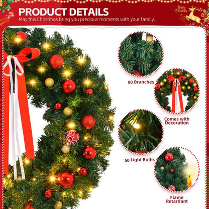 Battery powered Christmas wreath with 80 branches and 50 decorative lights for festive holiday decor