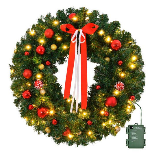 Battery powered Christmas wreath with lights, red bows, and colorful ornaments for festive decor