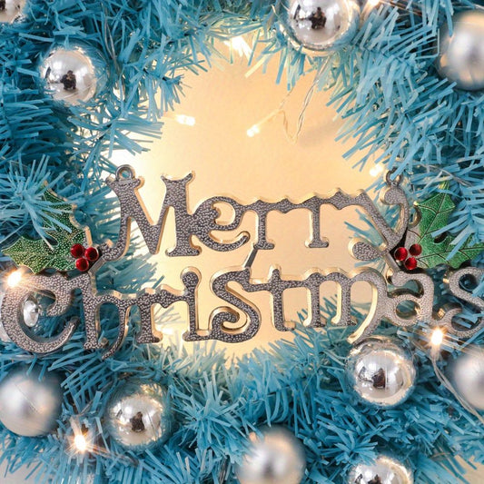 Blue Christmas wreath decor featuring a Merry Christmas sign and silver ornaments for festive decoration