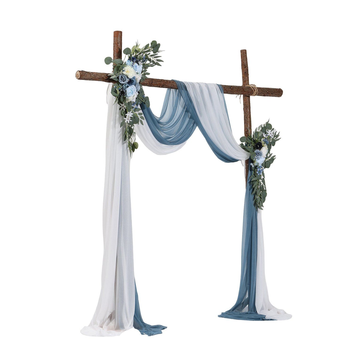 Rustic wedding arch decorated with blue and white wedding arch flowers and flowing fabric drapes