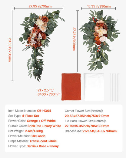 Burnt orange wedding arch flowers with orange and off-white silk dahlia rose and peony on green foliage