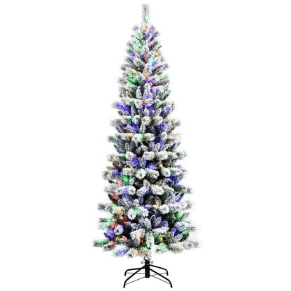 Tall slim flocked Christmas tree with 9 lighting modes and multicolor LED lights on black stand