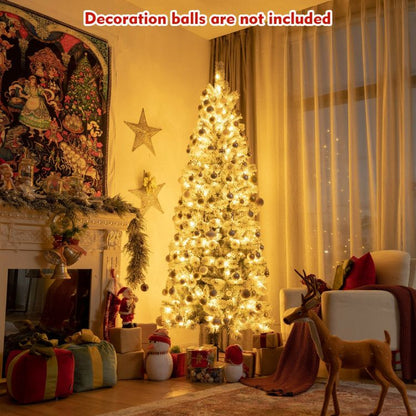 Christmas tree with 9 lighting modes glowing warmly in a cozy living room decorated for the holidays