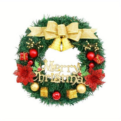 Decorative Christmas wreath for front door with gold bow and festive ornaments