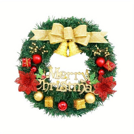 Decorative Christmas wreath for front door with gold bow and festive ornaments