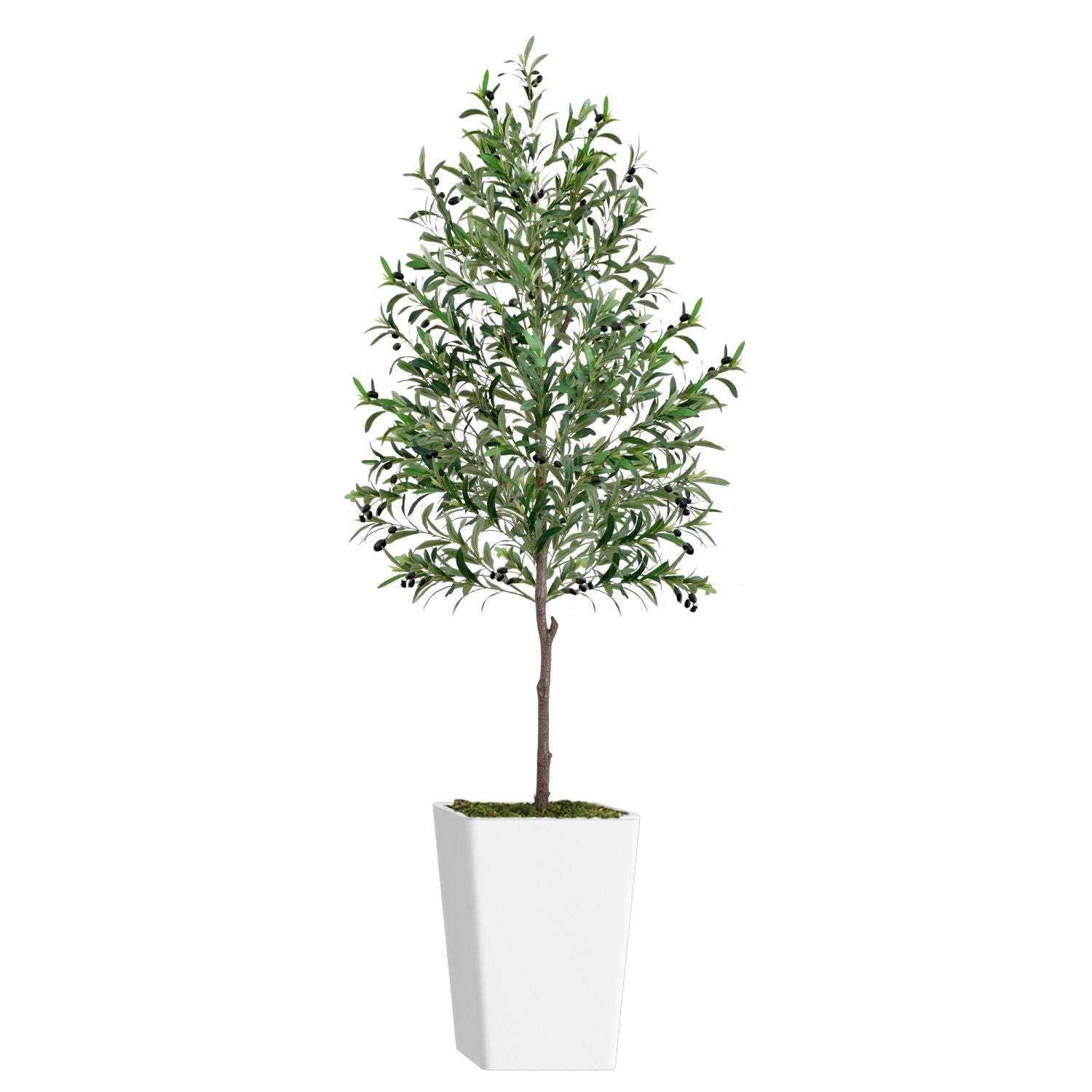Tall decorative faux olive tree in a sleek white planter for stylish home decor