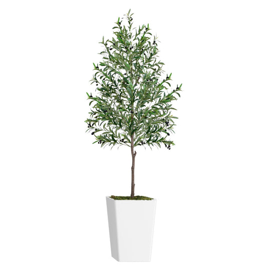 Tall decorative faux olive tree in a sleek white planter for stylish home decor