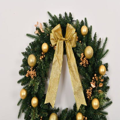 Elegant pre-lit Christmas wreath with remote, adorned with gold ornaments and a festive bow