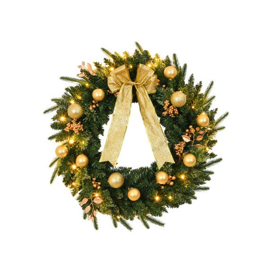 Elegant pre-lit Christmas wreath with remote, adorned with gold ornaments and bow for festive decor
