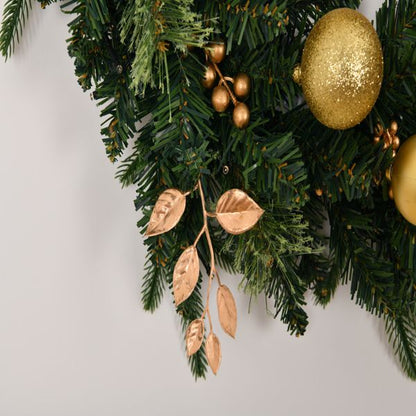 Decorative pre-lit Christmas wreath with remote and golden accents for festive holiday decor