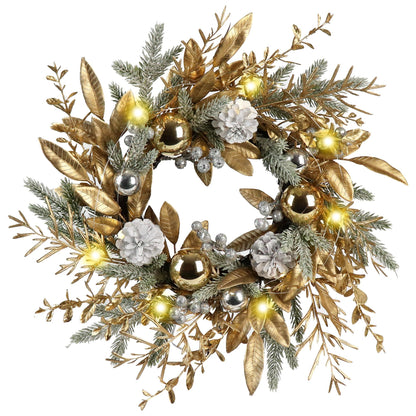 20 inch Christmas wreath with lights featuring gold leaves, silver and gold ornaments, and frosted pine cones