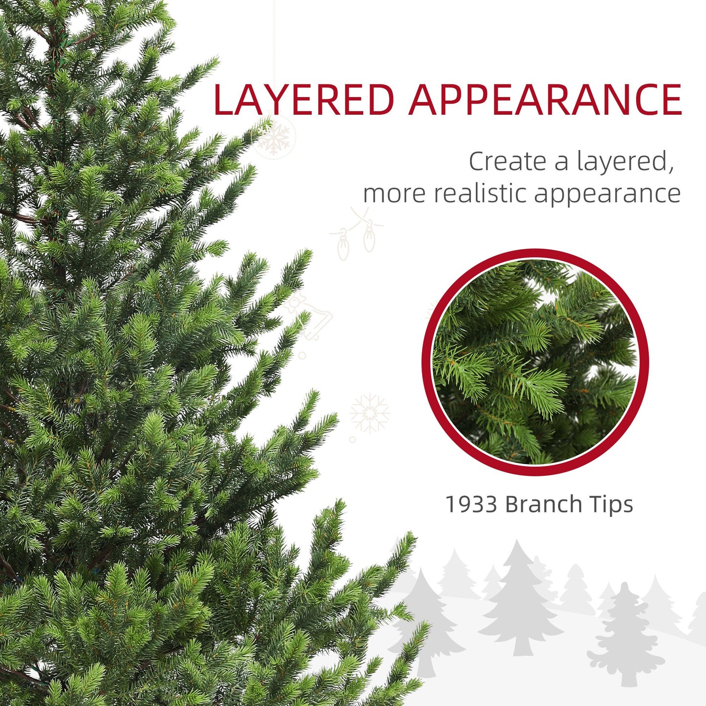 Sparse artificial Christmas tree with layered branches for a more realistic appearance and 1933 branch tips