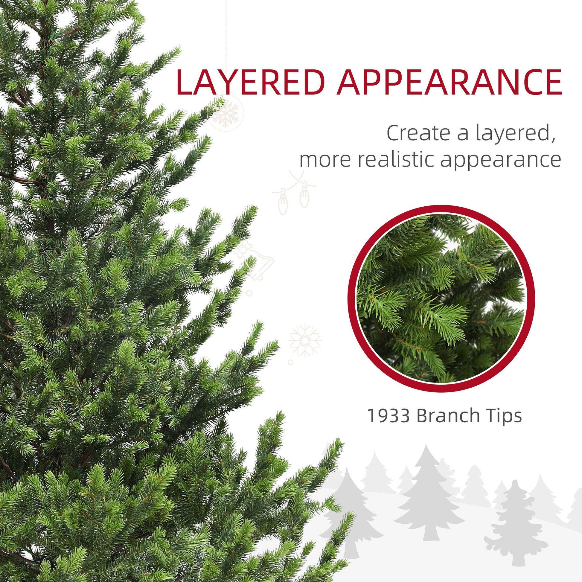 Sparse artificial Christmas tree with layered branches for a more realistic appearance and 1933 branch tips