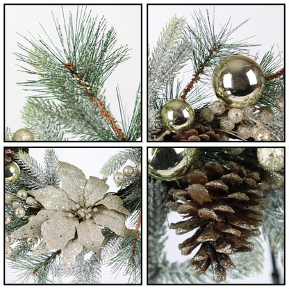 Close-up details of a 20 inch Christmas wreath with lights featuring pine branches, gold ornaments, glittery poinsettia, and pinecones