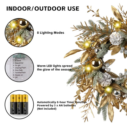 20 inch Christmas wreath with lights featuring warm LED bulbs, gold and silver pine cones, and leaves for indoor outdoor use