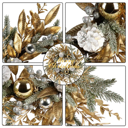 20 inch Christmas wreath with lights featuring gold leaves silver berries and white pinecones