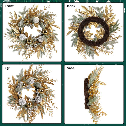 20 inch Christmas wreath with lights featuring gold leaves, silver pinecones, and shiny ornaments