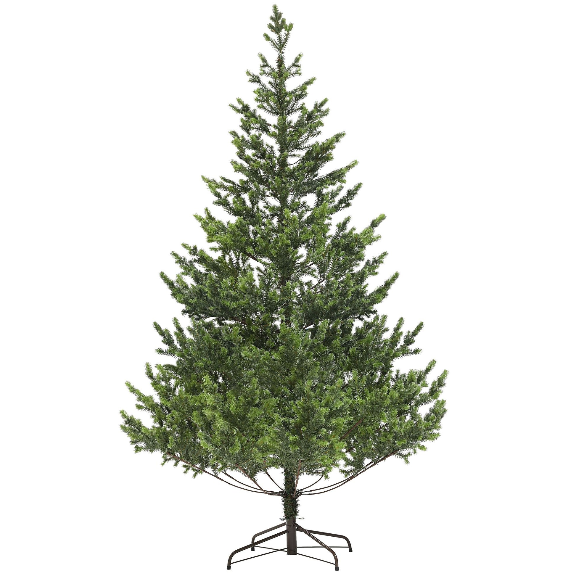 Sparse artificial Christmas tree with realistic green foliage and sturdy metal stand